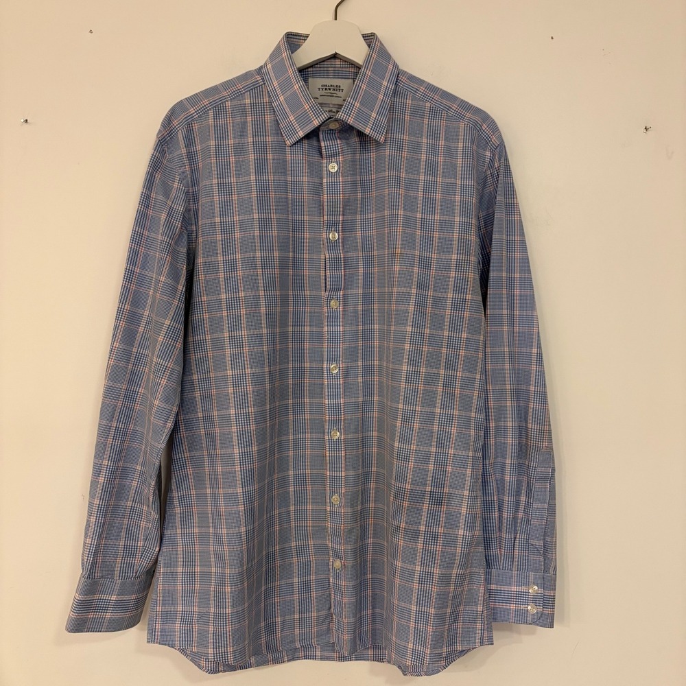 Charles‎ Tyrwhitt Mens 16.5 34 Extra Slim Fit Blue Pink Check Dress Shirt Cotton